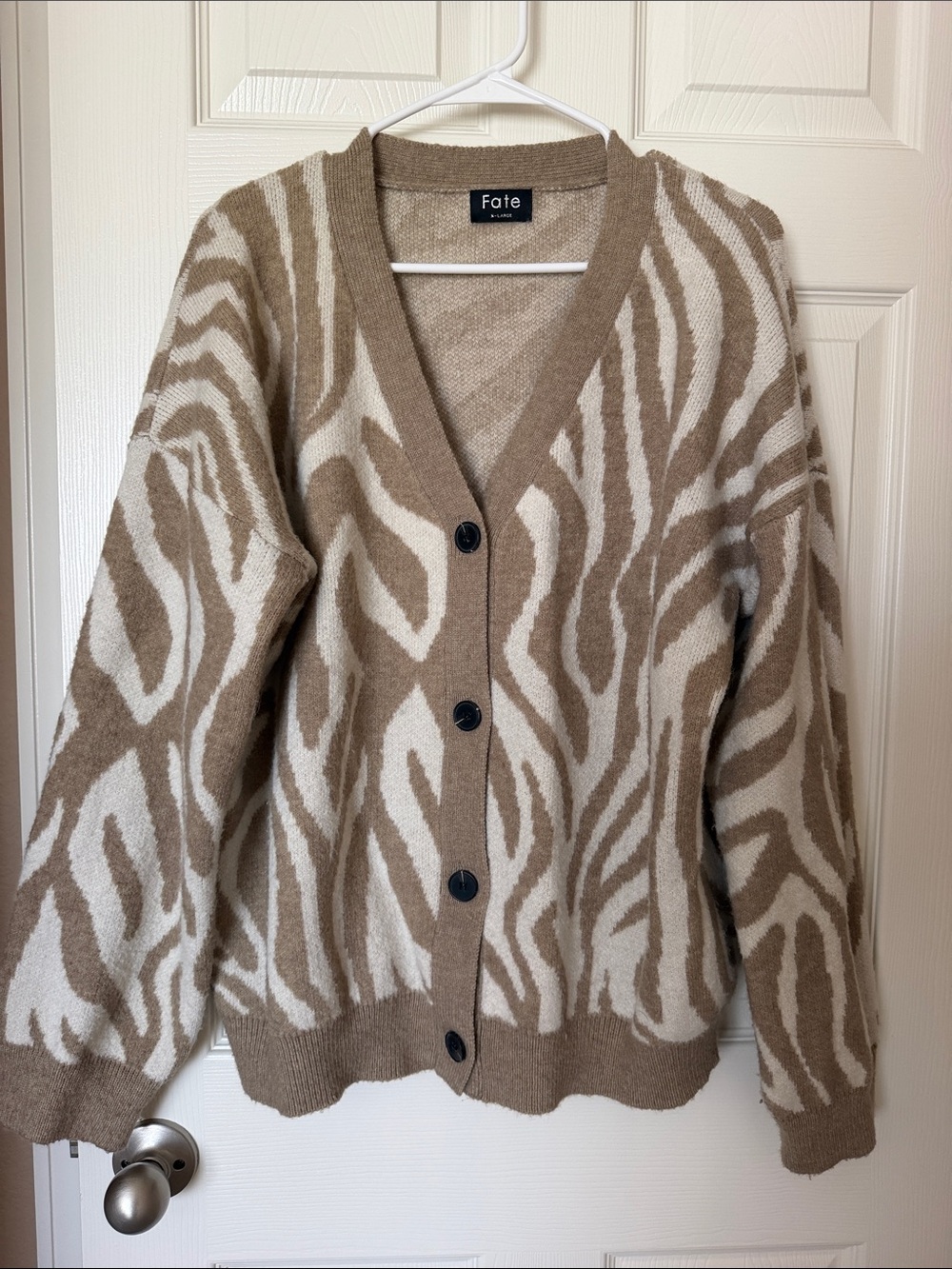 Fate Beige and Cream Zebra-Print V-Neck Button Cardigan
